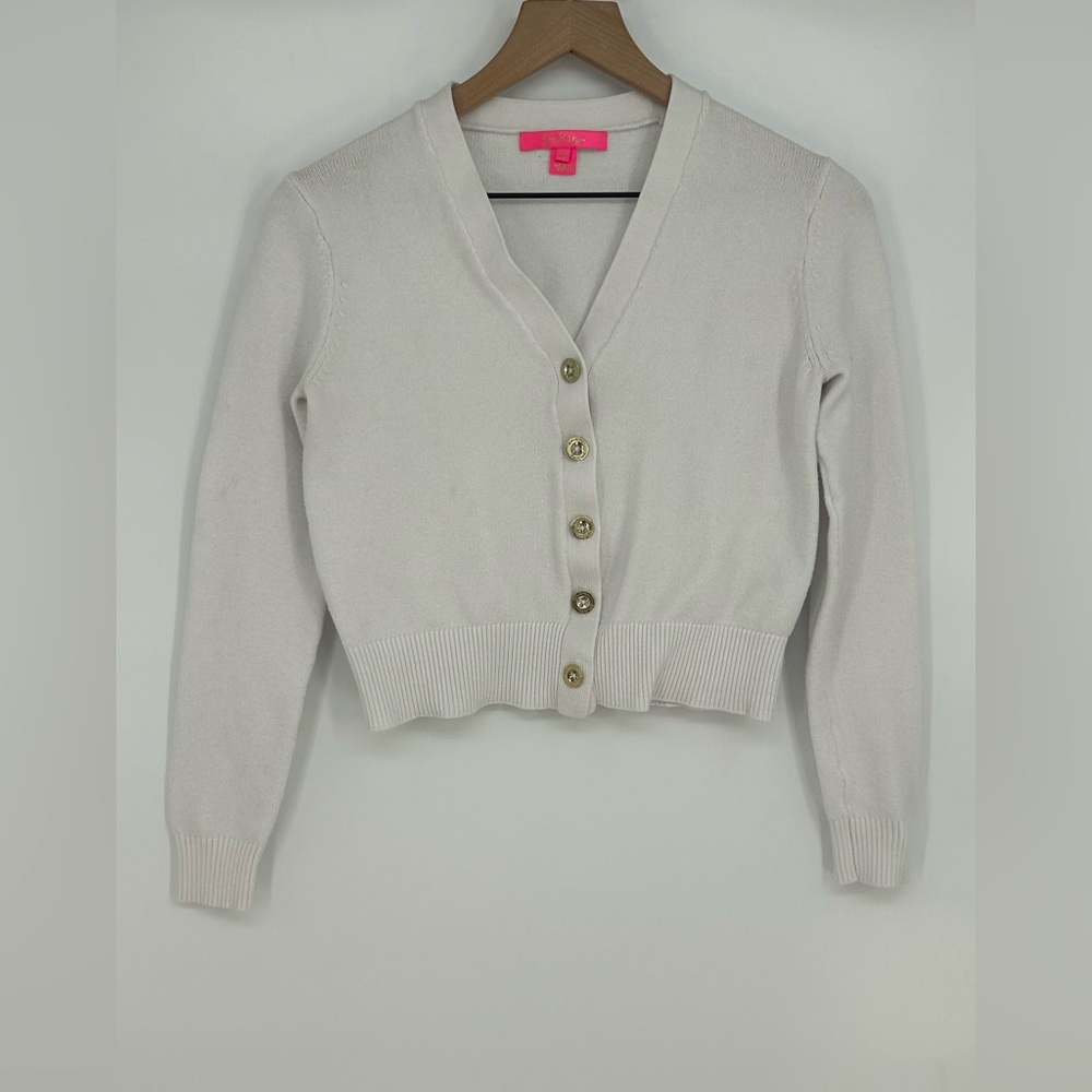 Lilly Pulitzer White Stretch V-Neck‎ Button Front Cardigan Sweater- XS